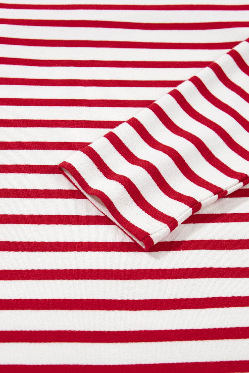 Ruffle Stripe Round-Neck Trim Long-Sleeved Top in Red