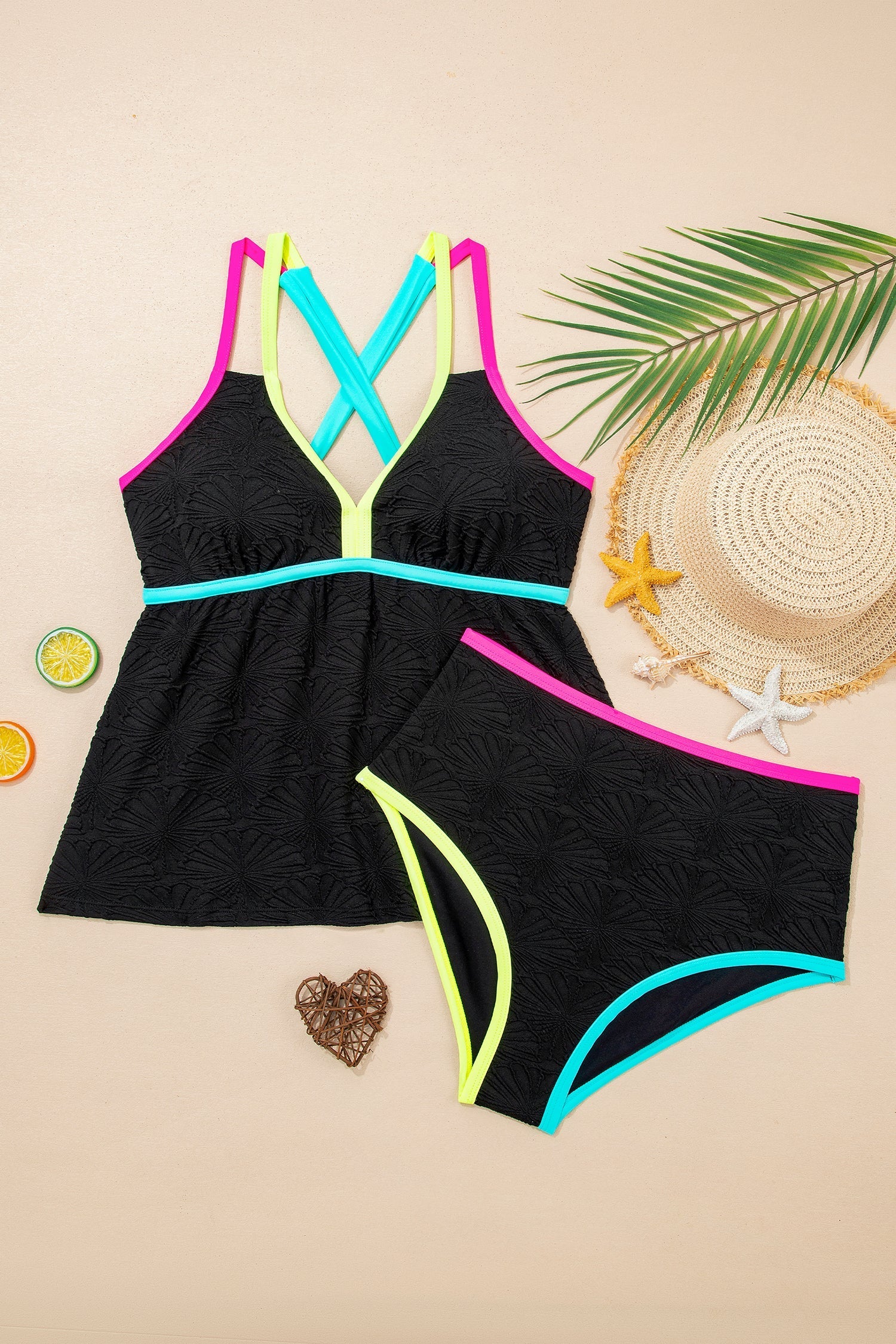 Textured Neon Floral Neon Trim V-Neck Crisscross Backless Tankini Set in Black