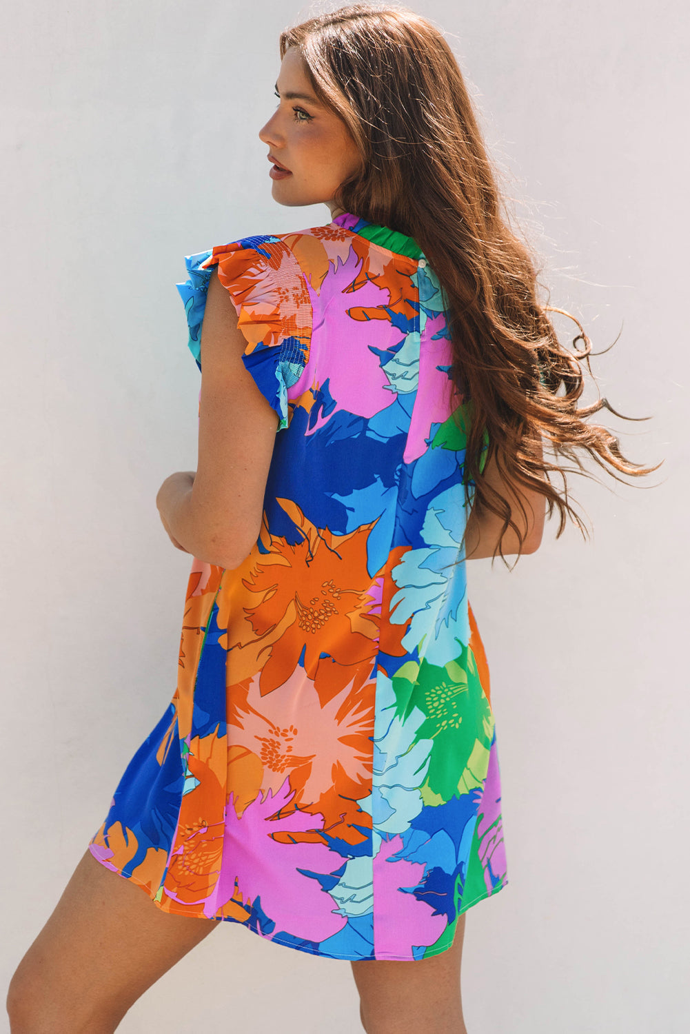 Bold Floral Flutter Sleeve Shift Mini Dress with Pockets