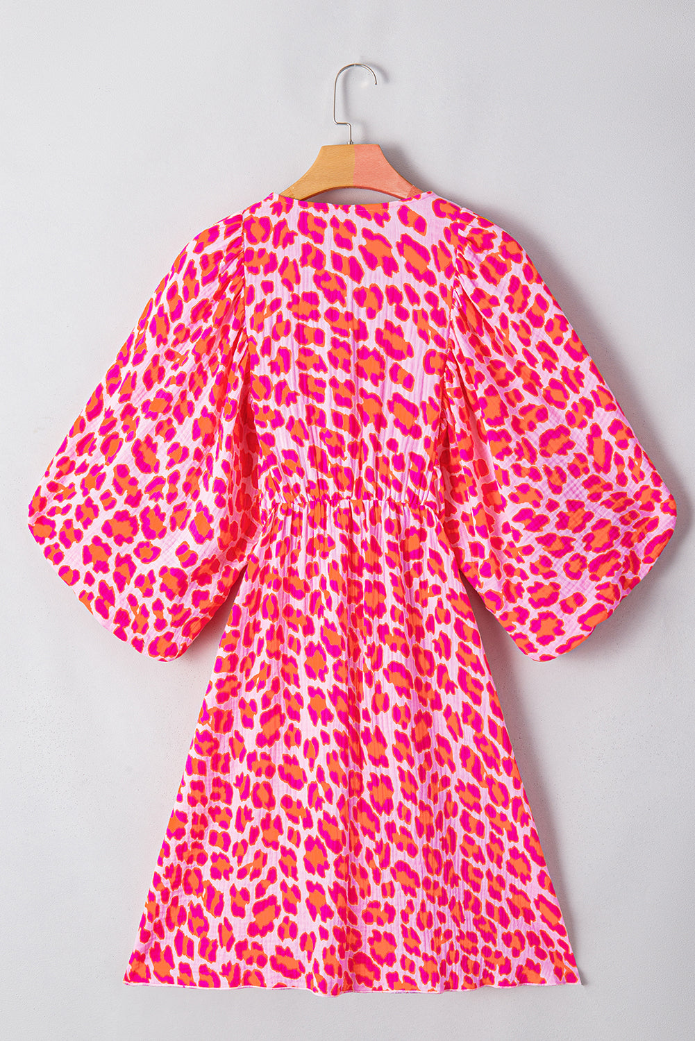 Pink Leopard Print Elasticated 3/4 Puff Sleeve Dress