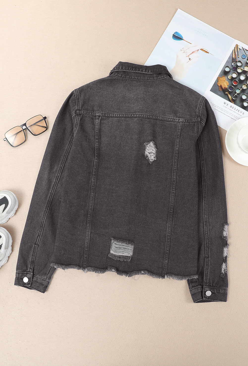 Lapel Hem Distressed Raw Buttons Denim Jacket