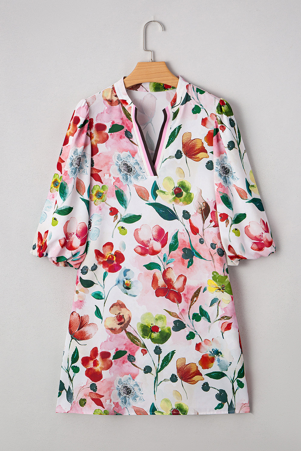 Floral V-Neck Contrast Striped Puff Half Sleeve Shift Dress