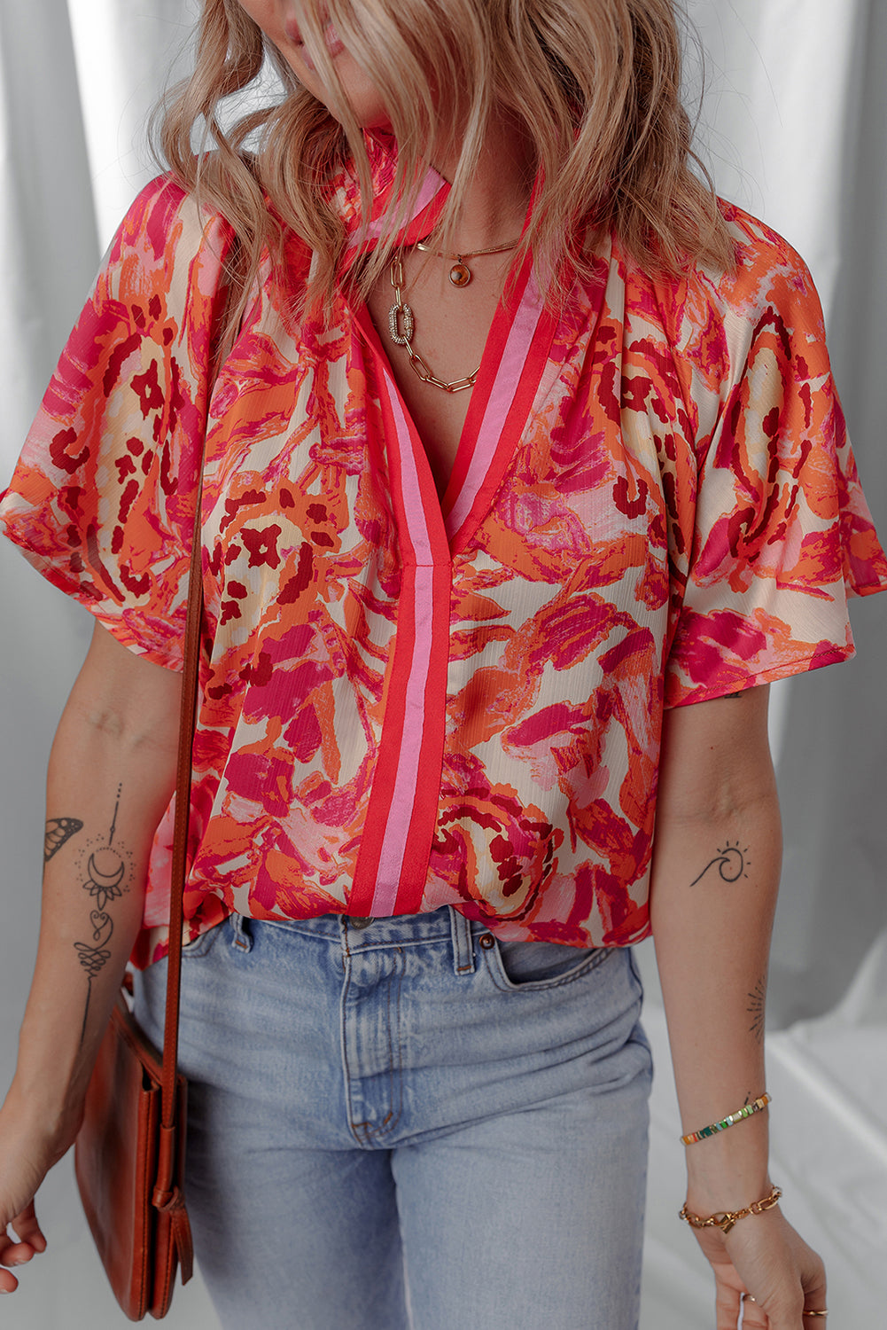 Striped Abstract Print Trim Split Neck Blouse