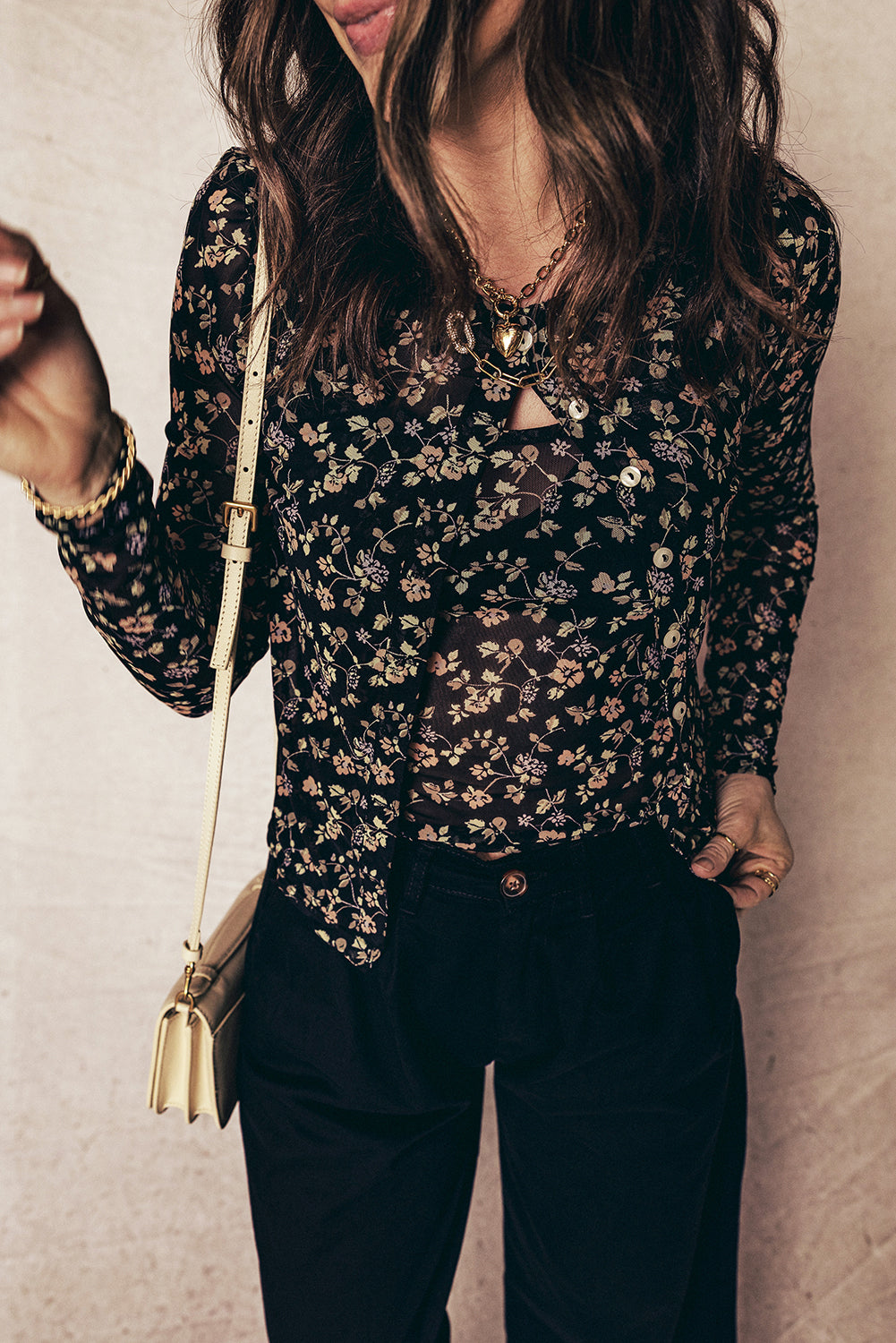Floral-Print Mesh Tank Button Front Slim Cardigan 2-Piece Outfit