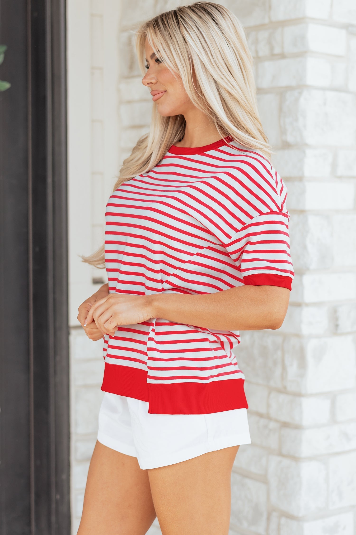 Everyday Drop-Shoulder Red Stripe Half Sleeve T Shirt