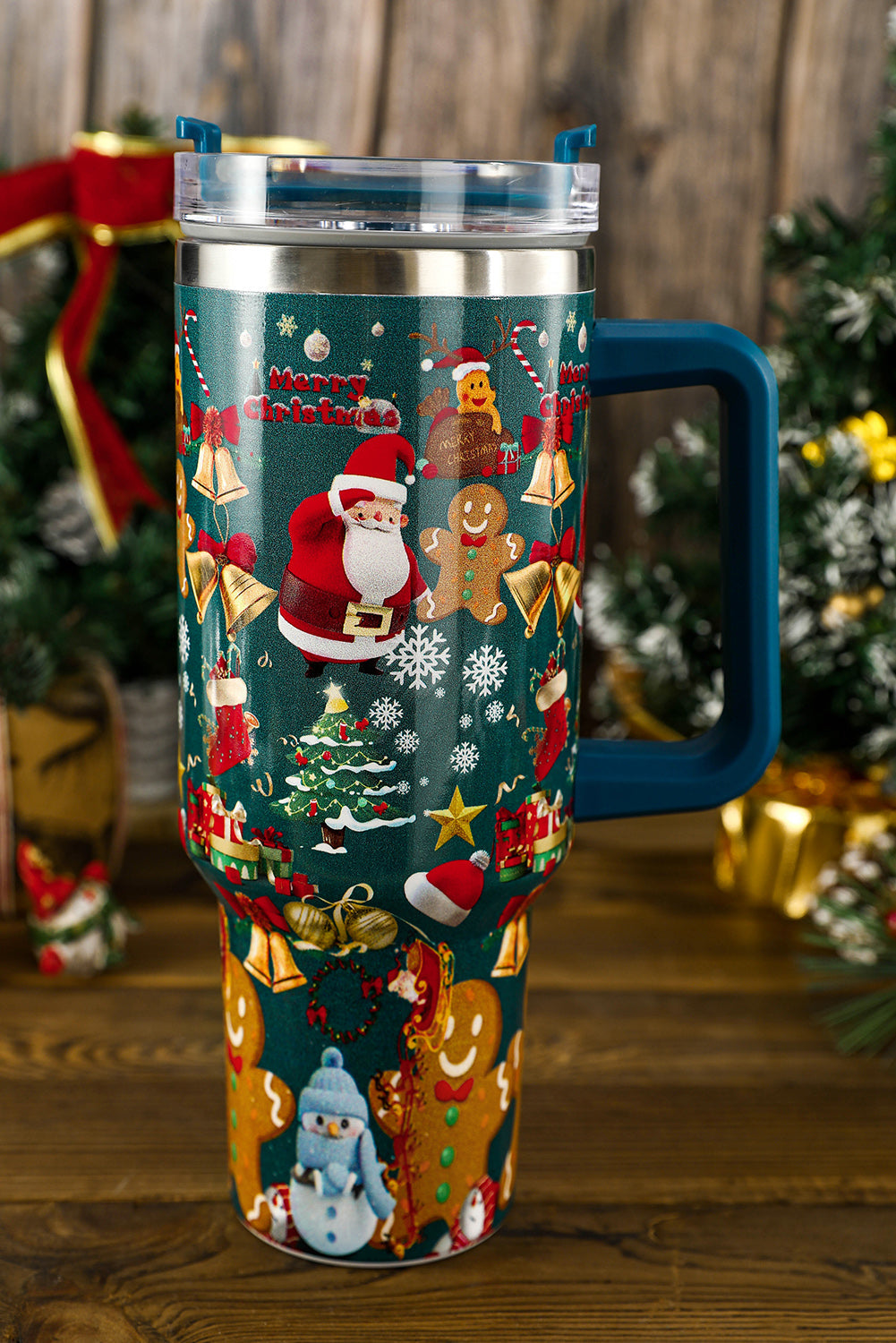 Handled Christmas Print Stainless Steel Tumblers 40oz