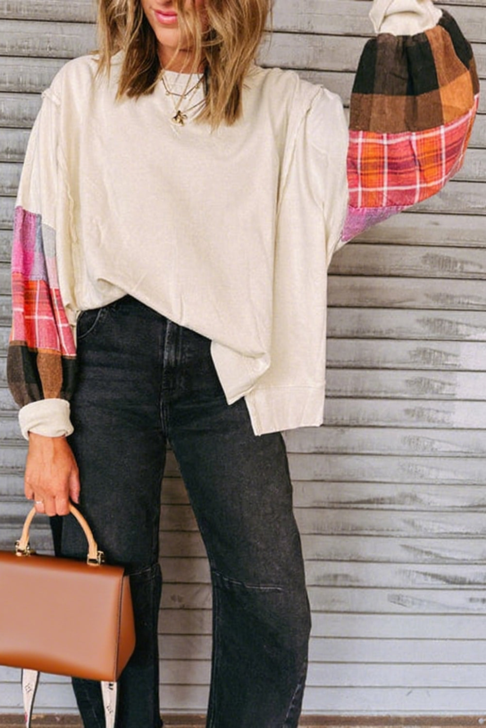 Contrast Plaid Long-Sleeved Exposed Seam Patchwork Top in Beige