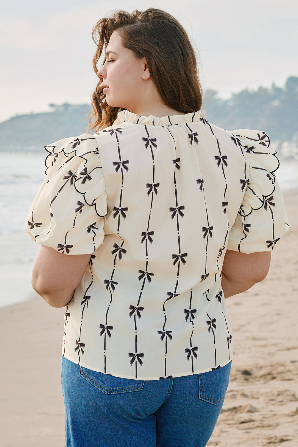 Bow Printed Ruffled Lace-up Notched Neck Plus Size Blouse