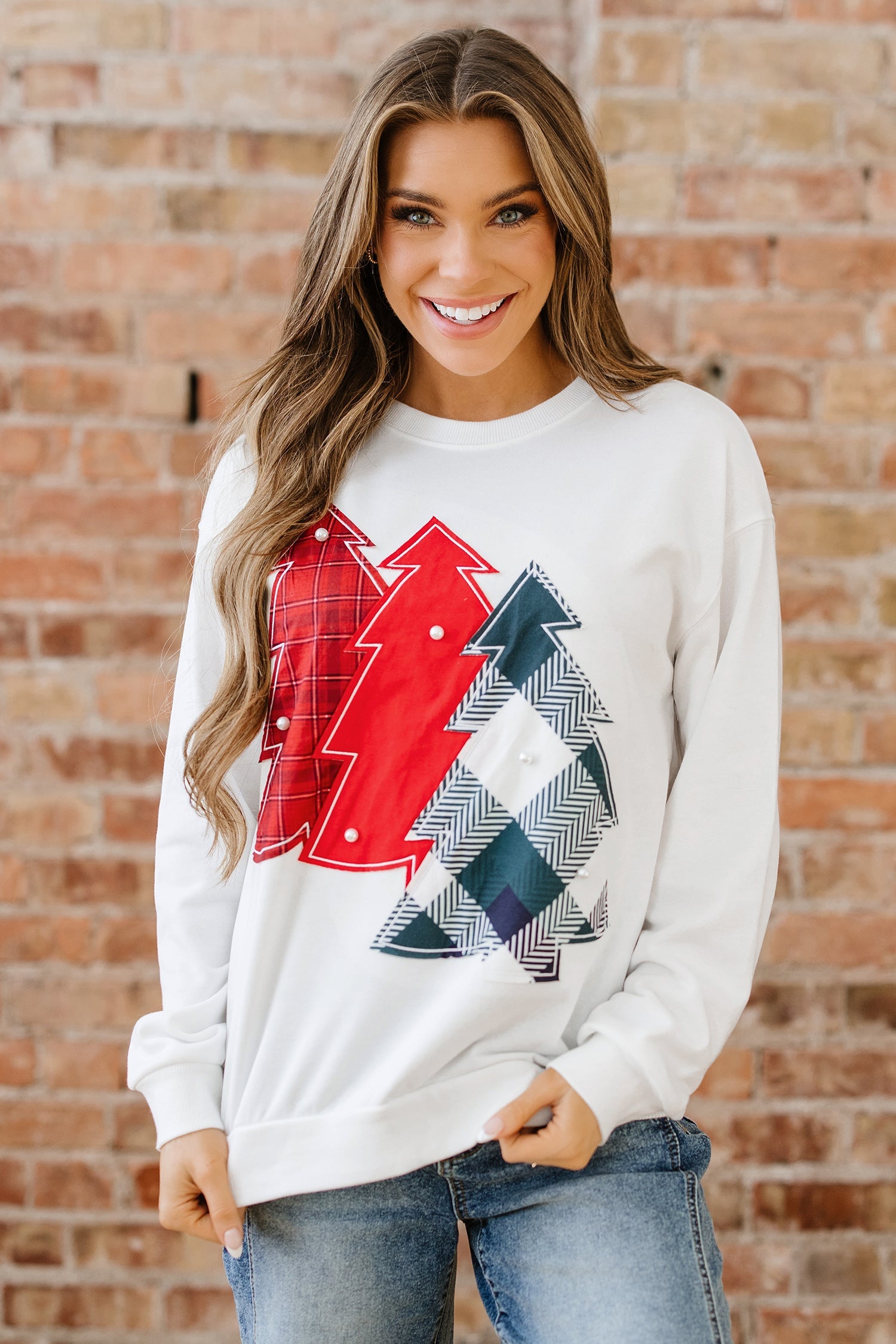 Pearl Plaid Christmas Tree Patched Drop-Shoulder Sweatshirt