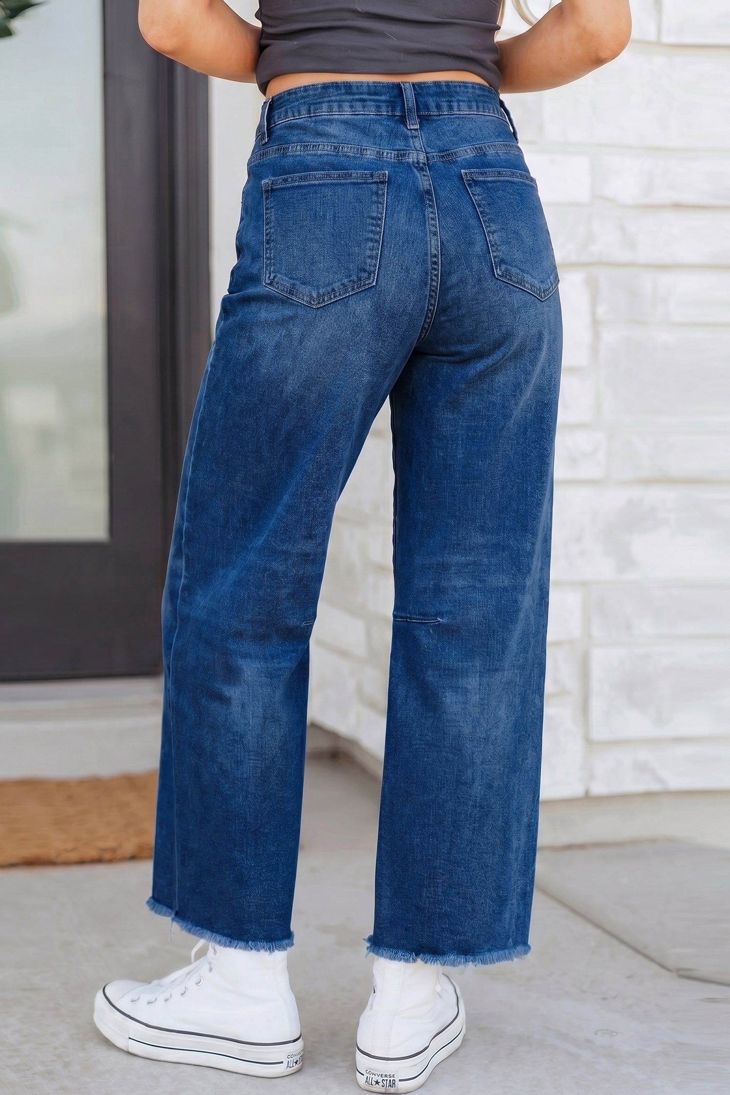 Blue Frayed Sail Frayed Cropped Straight Jeans
