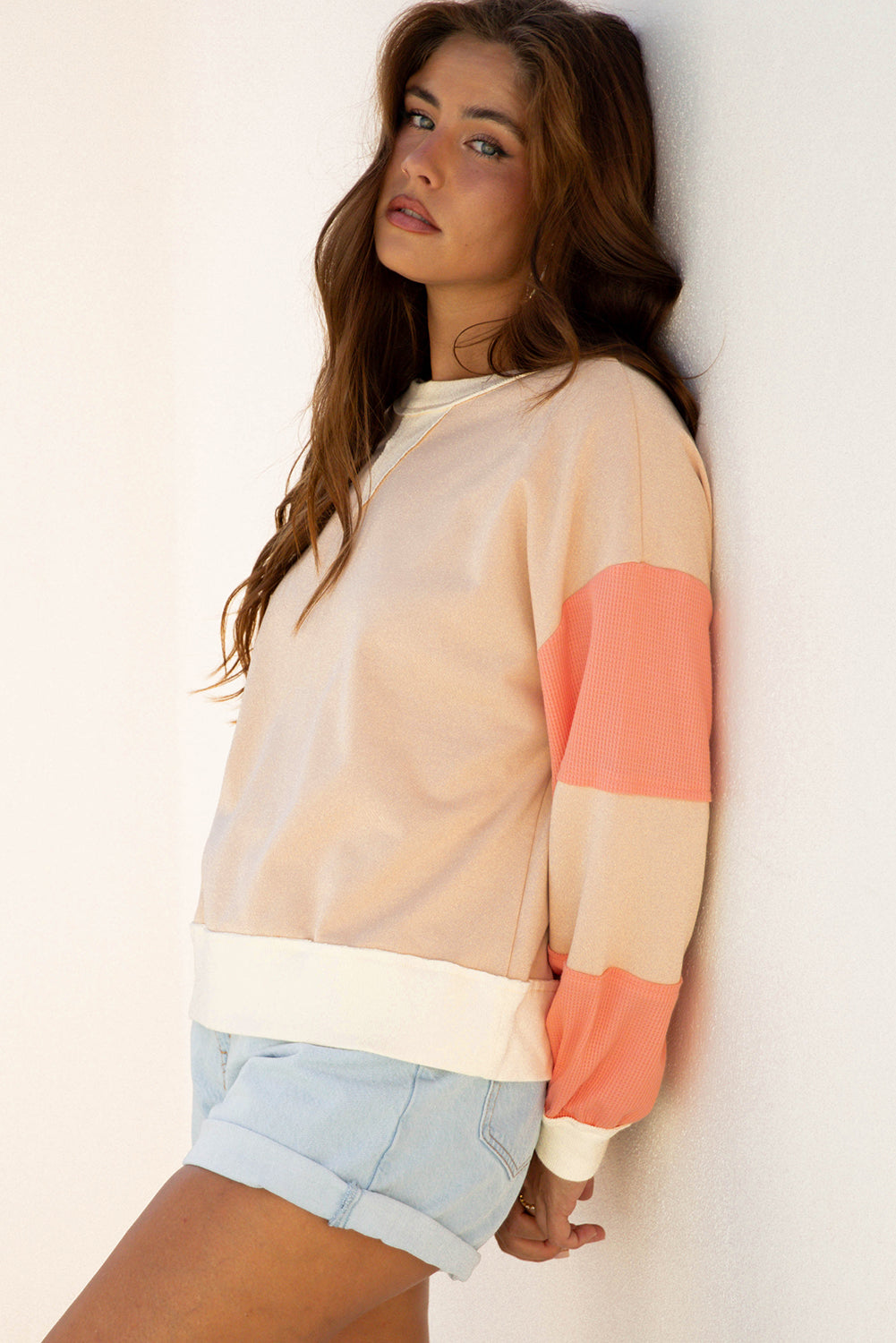 Colorblock Textured Patchwork Pullover Sweatshirt