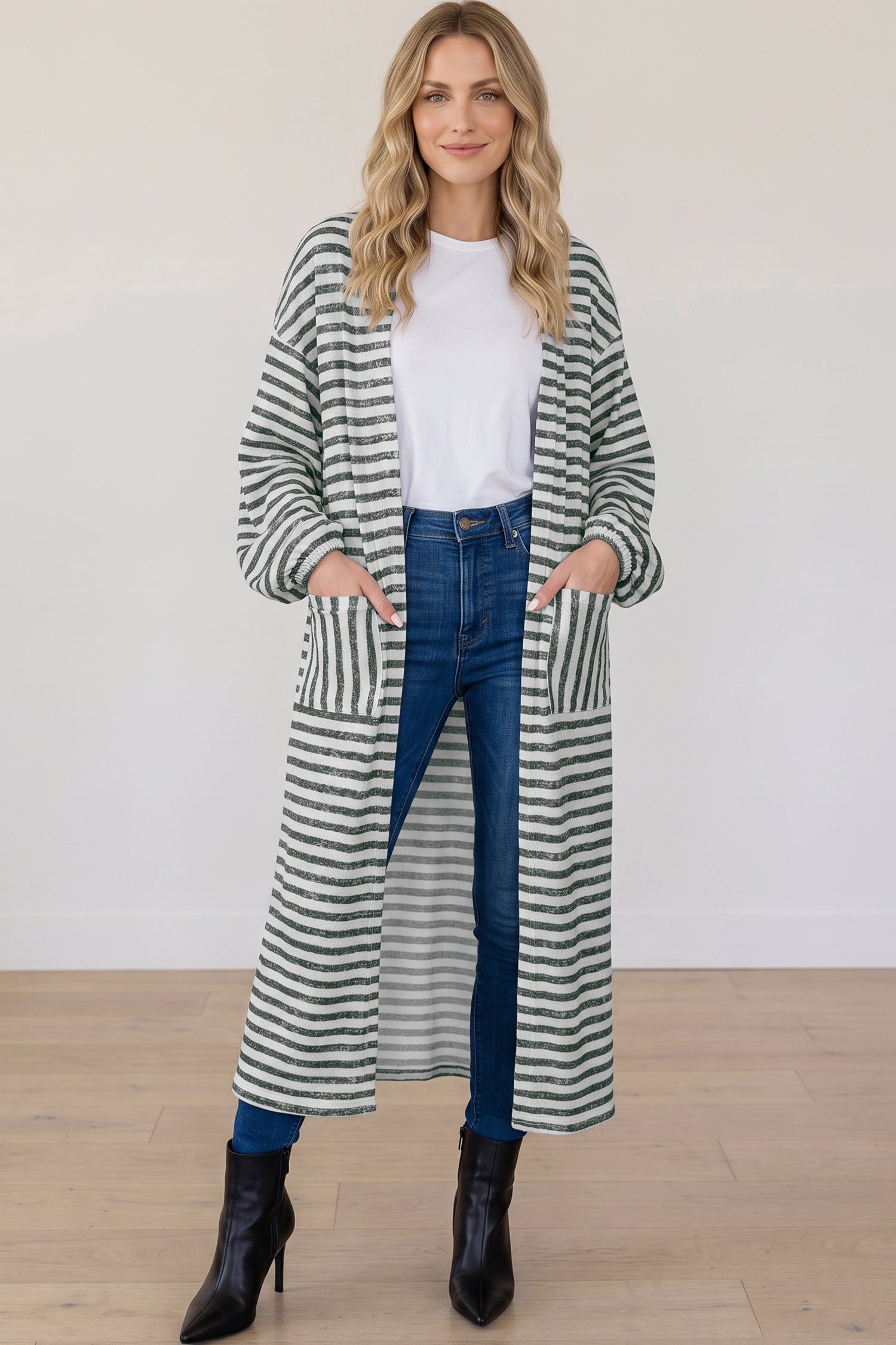 Stripe Long Puff Sleeve Open-Front Roomy Long Cardigan in Khaki