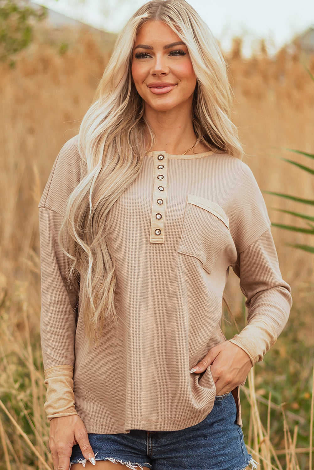 Waffle Textured Colorblock Textured Tunic Henley Cotton Top in Khaki