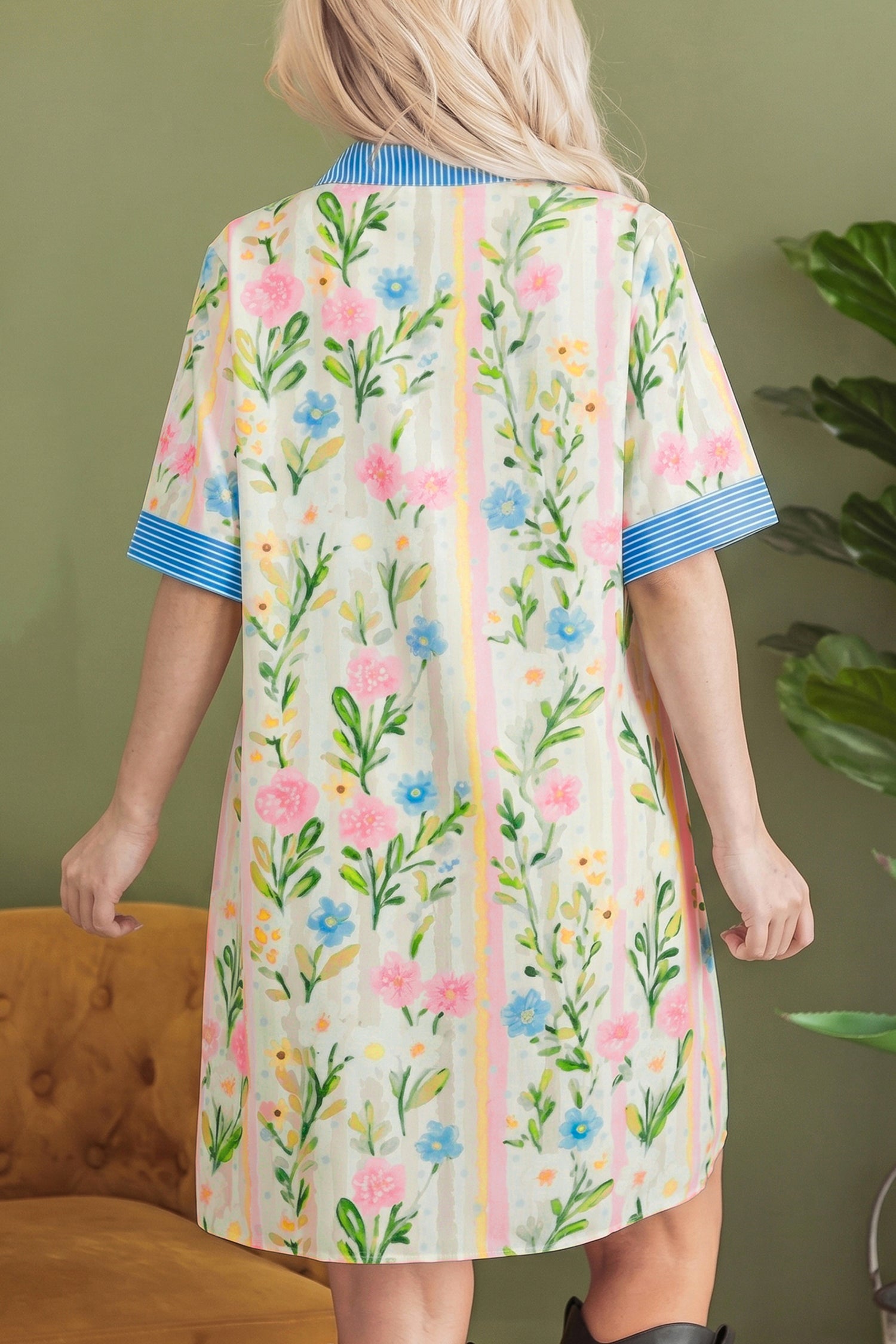 Polished Striped Multicolour Floral-Print Trim Button Down Shift Dress