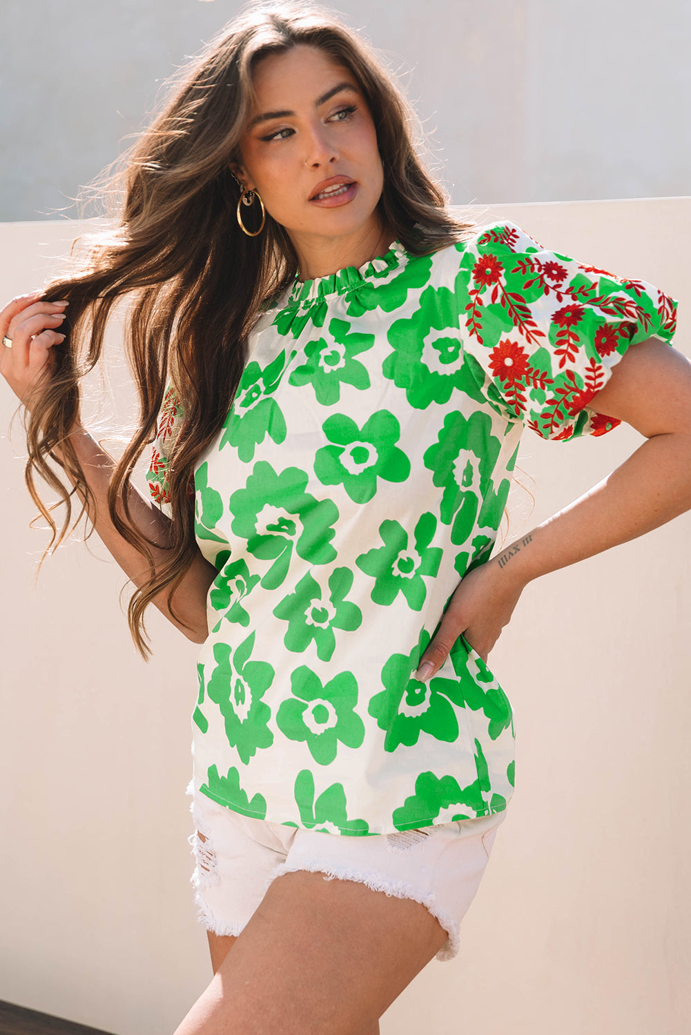 Green Contrast Embroidered Floral Blouse