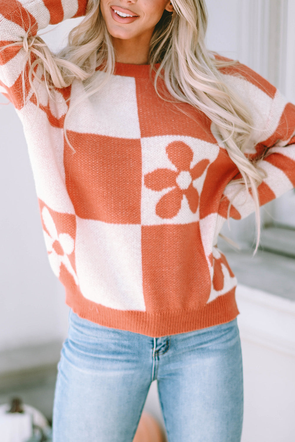 Women's Sweater Featuring Checked Floral-Print Print Striped