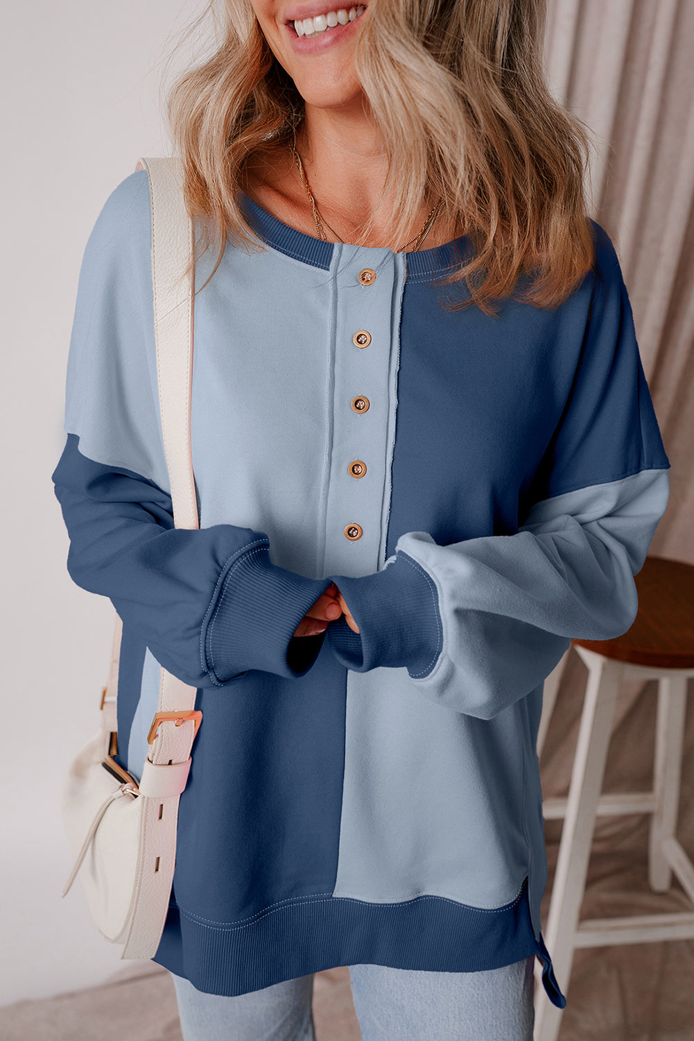 Henley High Colorblock High Low Oversize Sweatshirt