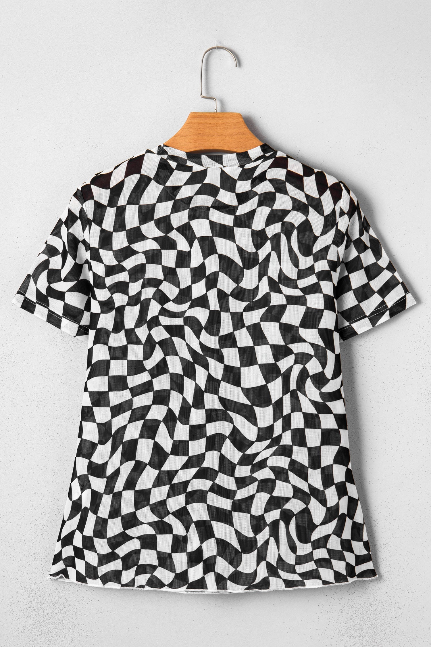 Crew-Neck Checkered Print Mesh Short-Sleeved T Shirt in Black