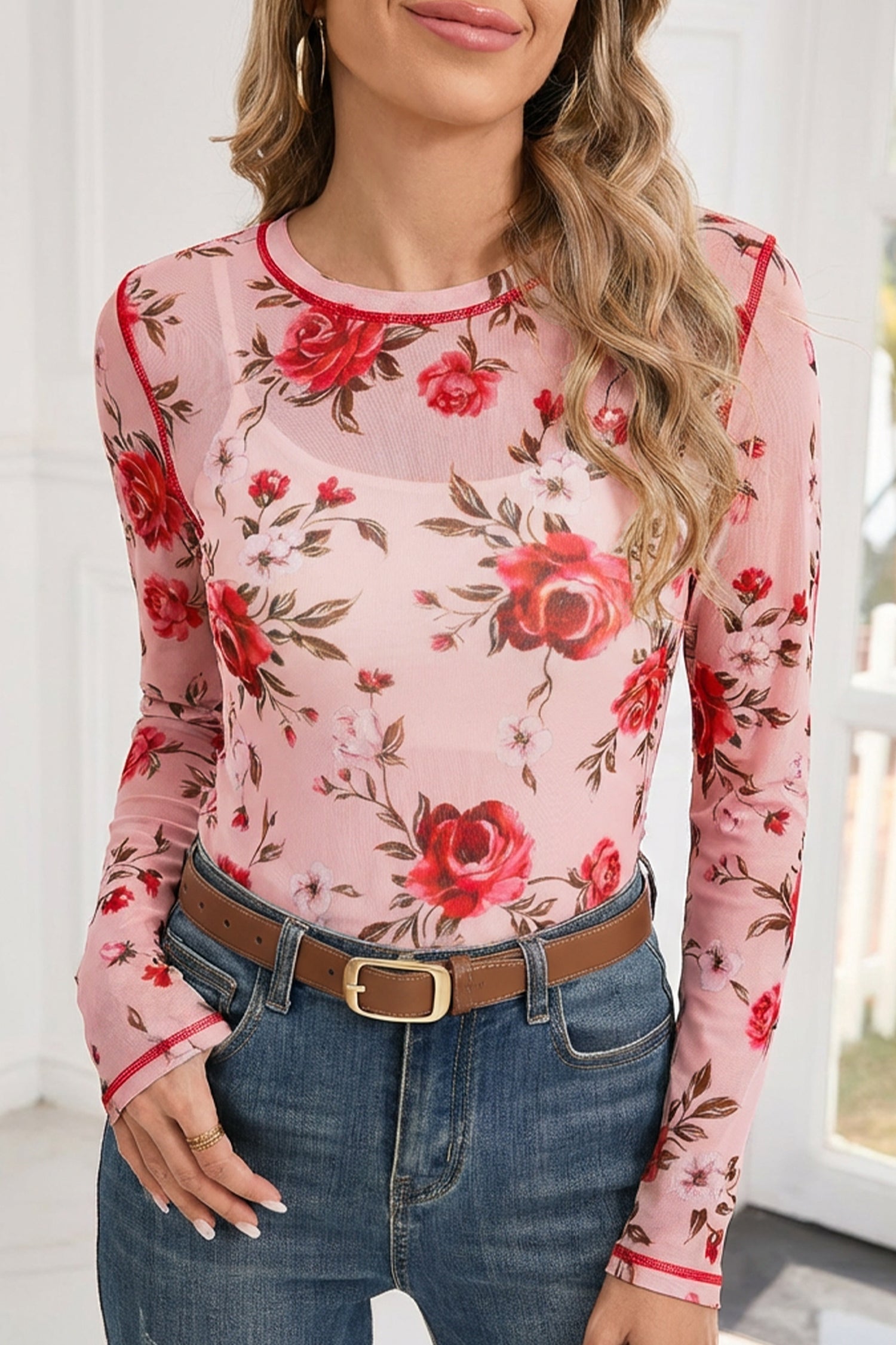 Floral-Print Detail Exposed Seam Mesh Long-Sleeved Top in Pink