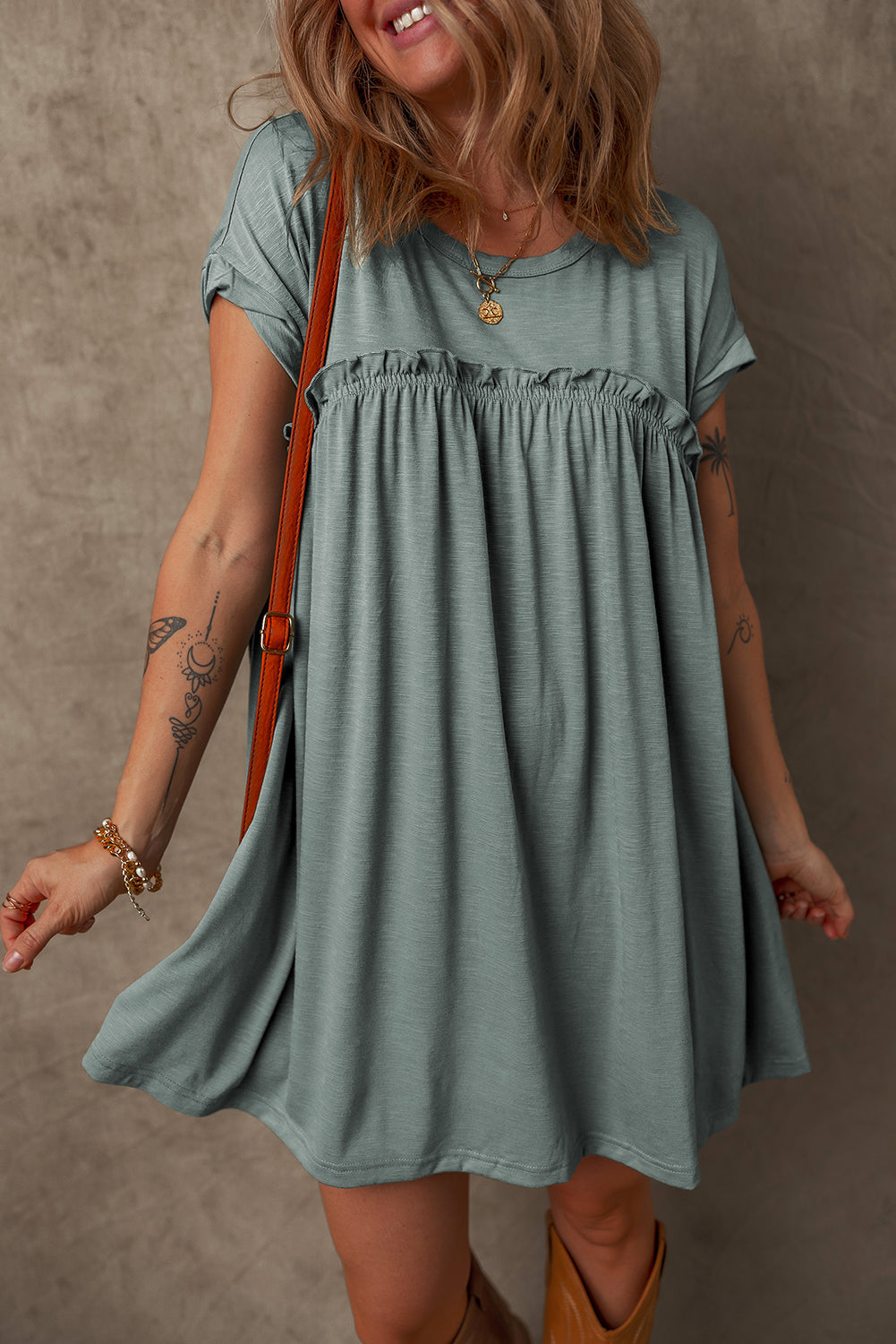 Frilled Gathered Seam T Shirt Dress