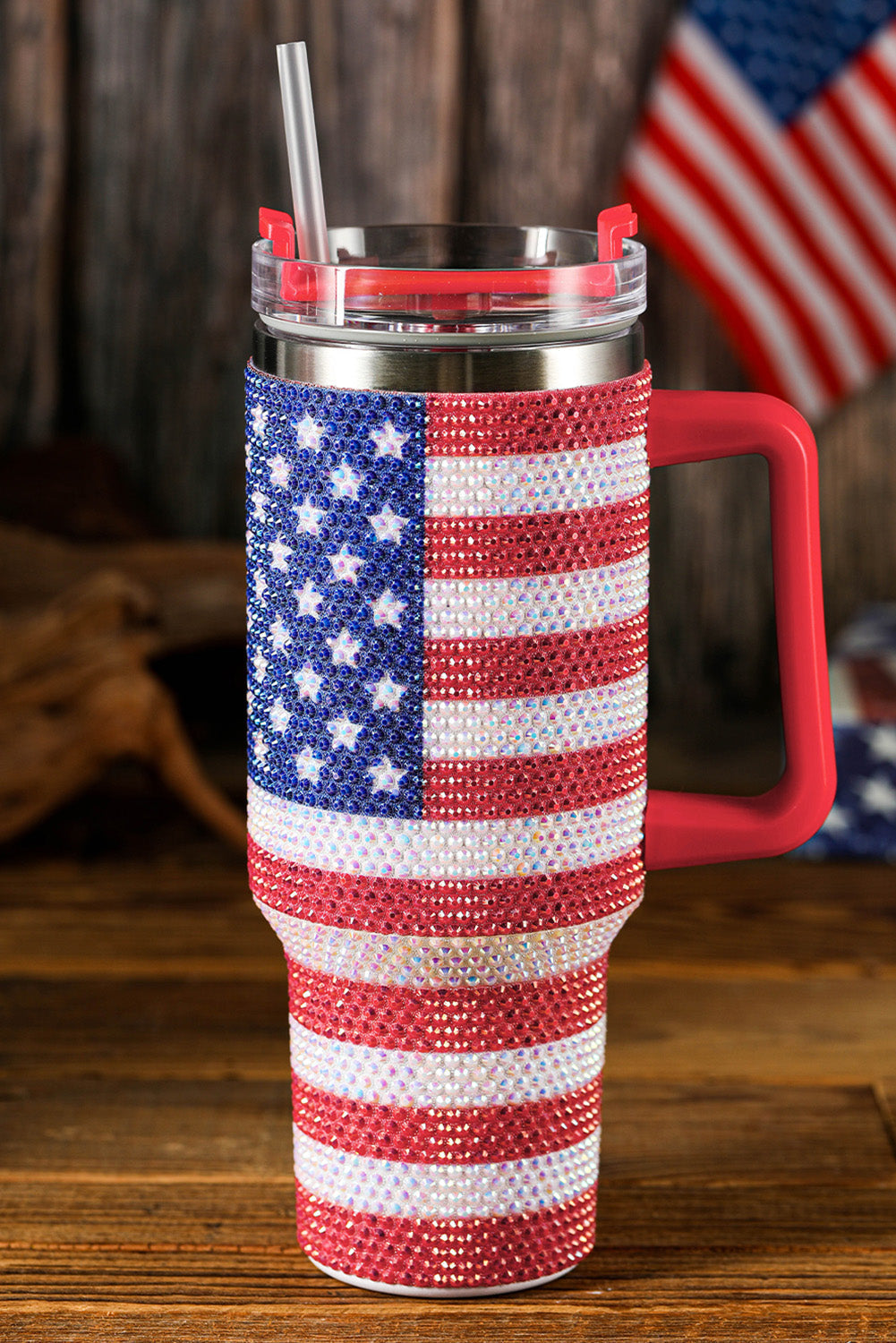 American Flag Rhinestone Flag Print Handled 40oz Thermos Tumbler