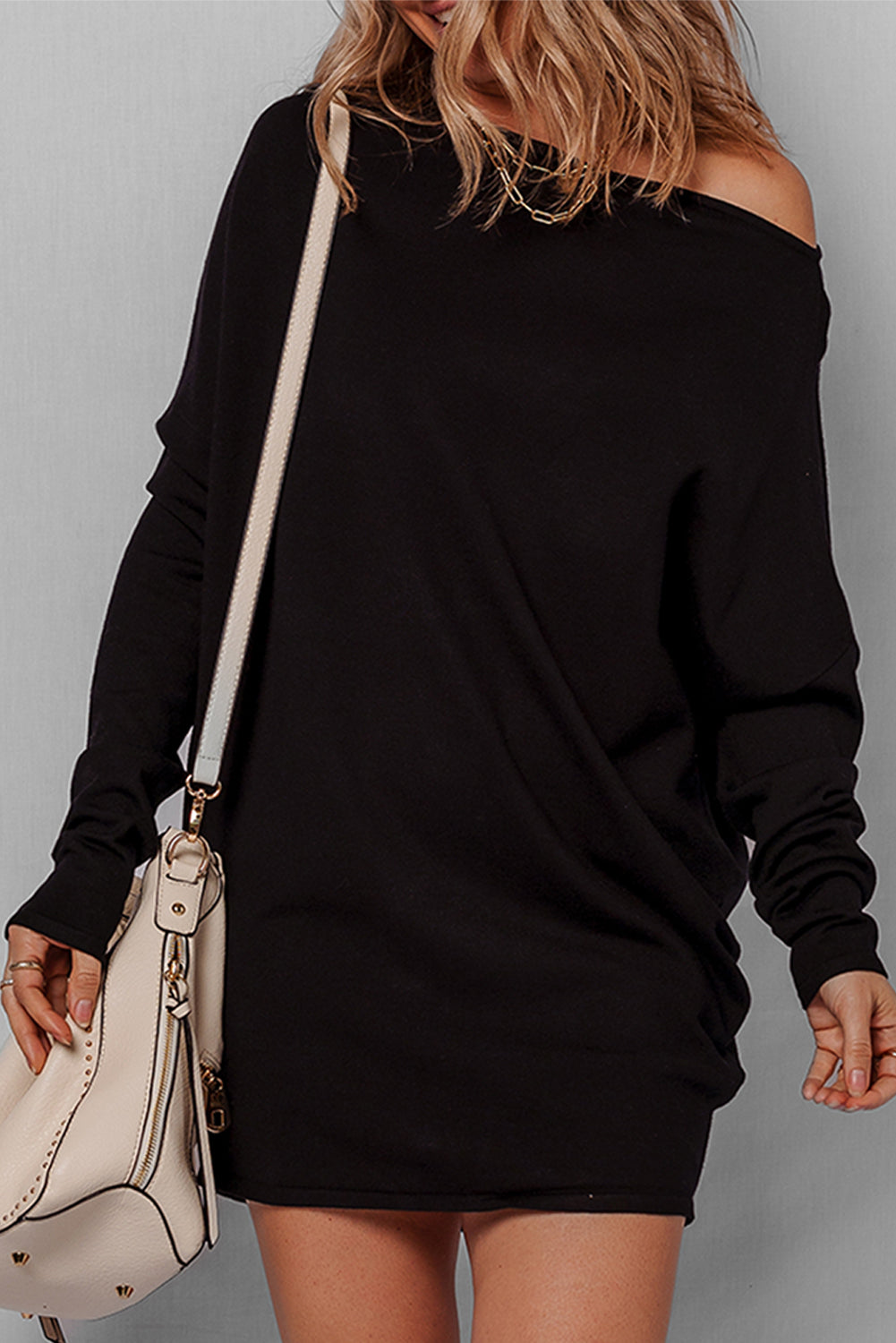 Asymmetric Sleeve Neck Batwing Shift Mini Knit Top Dress
