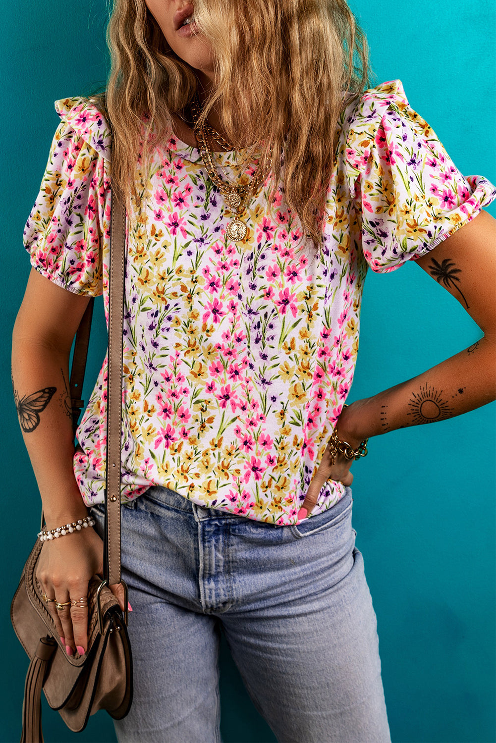 Floral Puff Short-Sleeved Crewneck Blouse