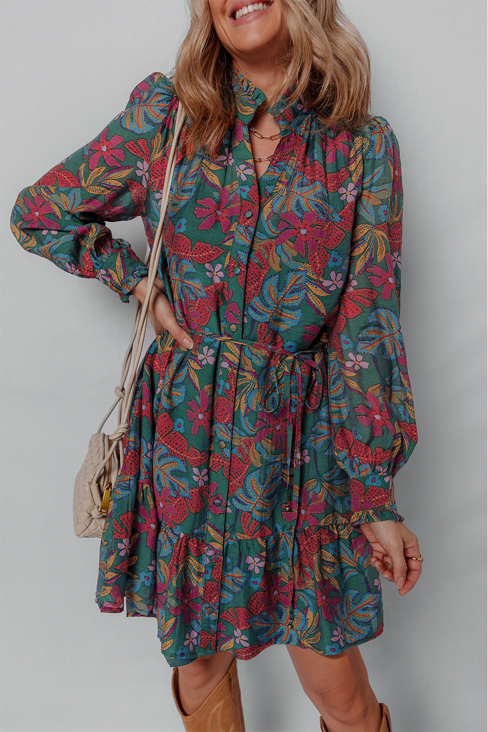 V-Neck Floral Friled Puff Sleeve Ruffled Shirt Dress