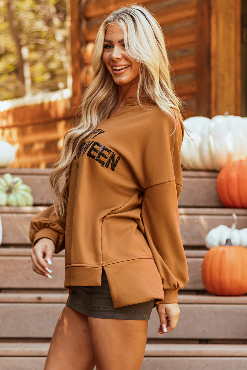 Halloween Sequin Happy Graphic Notched Neck Long-Sleeved Loose Top