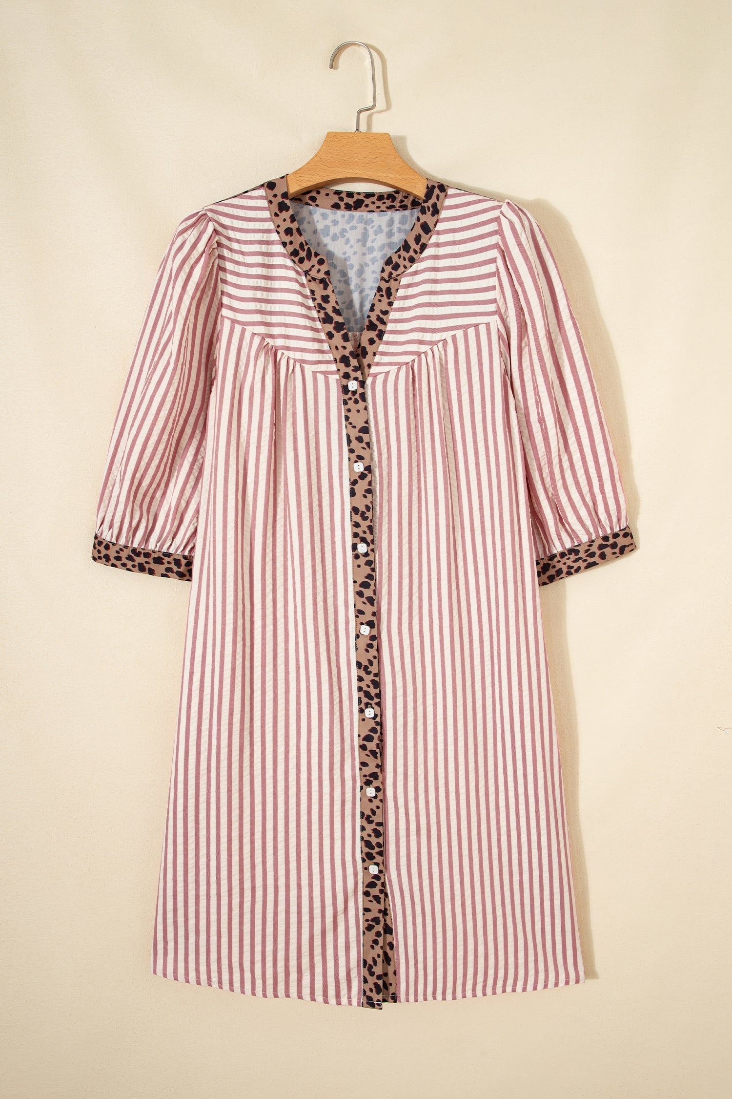 Stripe Square Button Leopard Trim Loose Bracelet Sleeve Shirt Dress in Pink