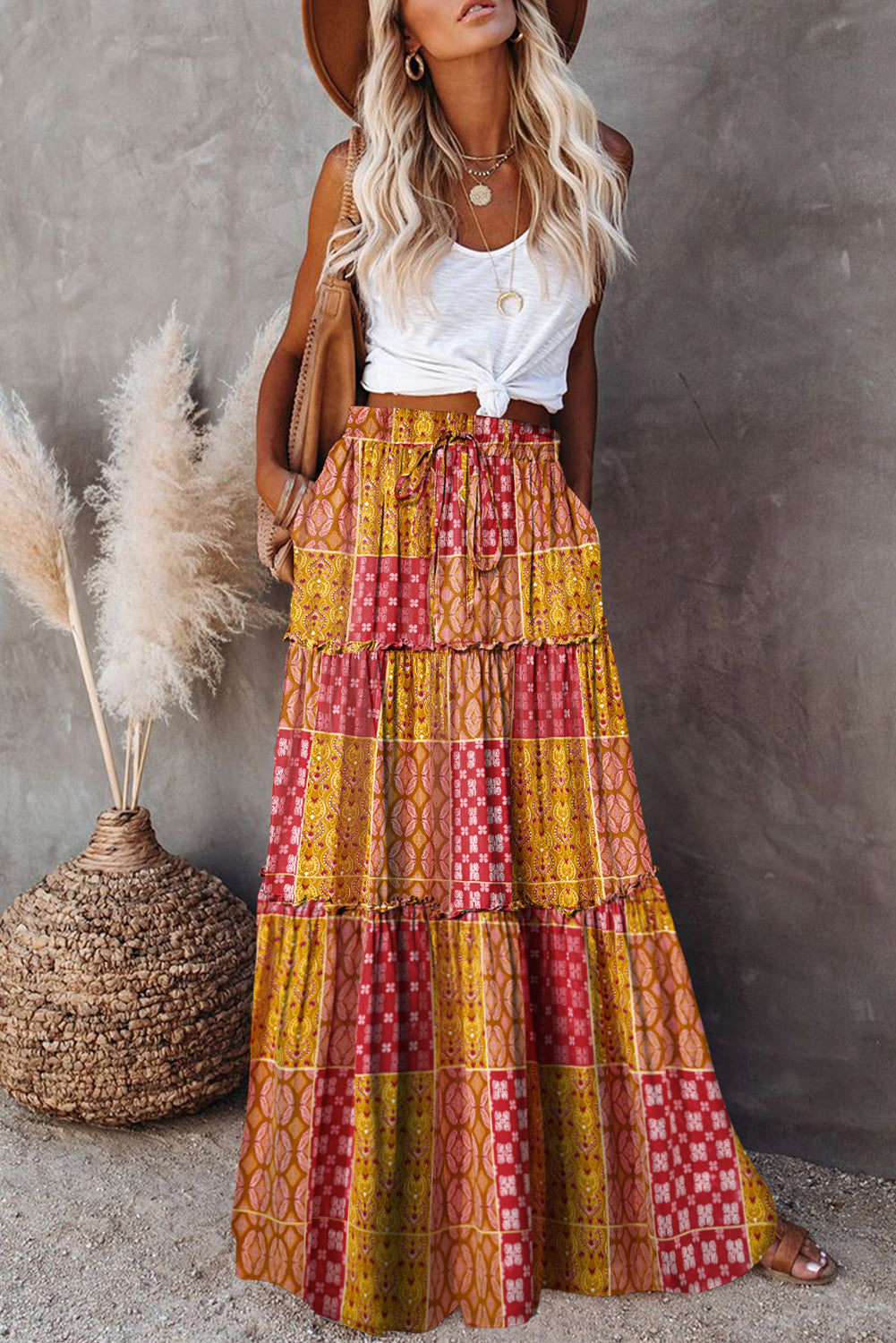 Tiered Pocket-Detail Paisley Print Maxi Skirt in Orange
