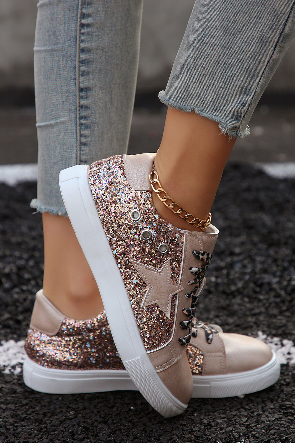 Patchwork Star Sequin Leopard Lace-up Shoes