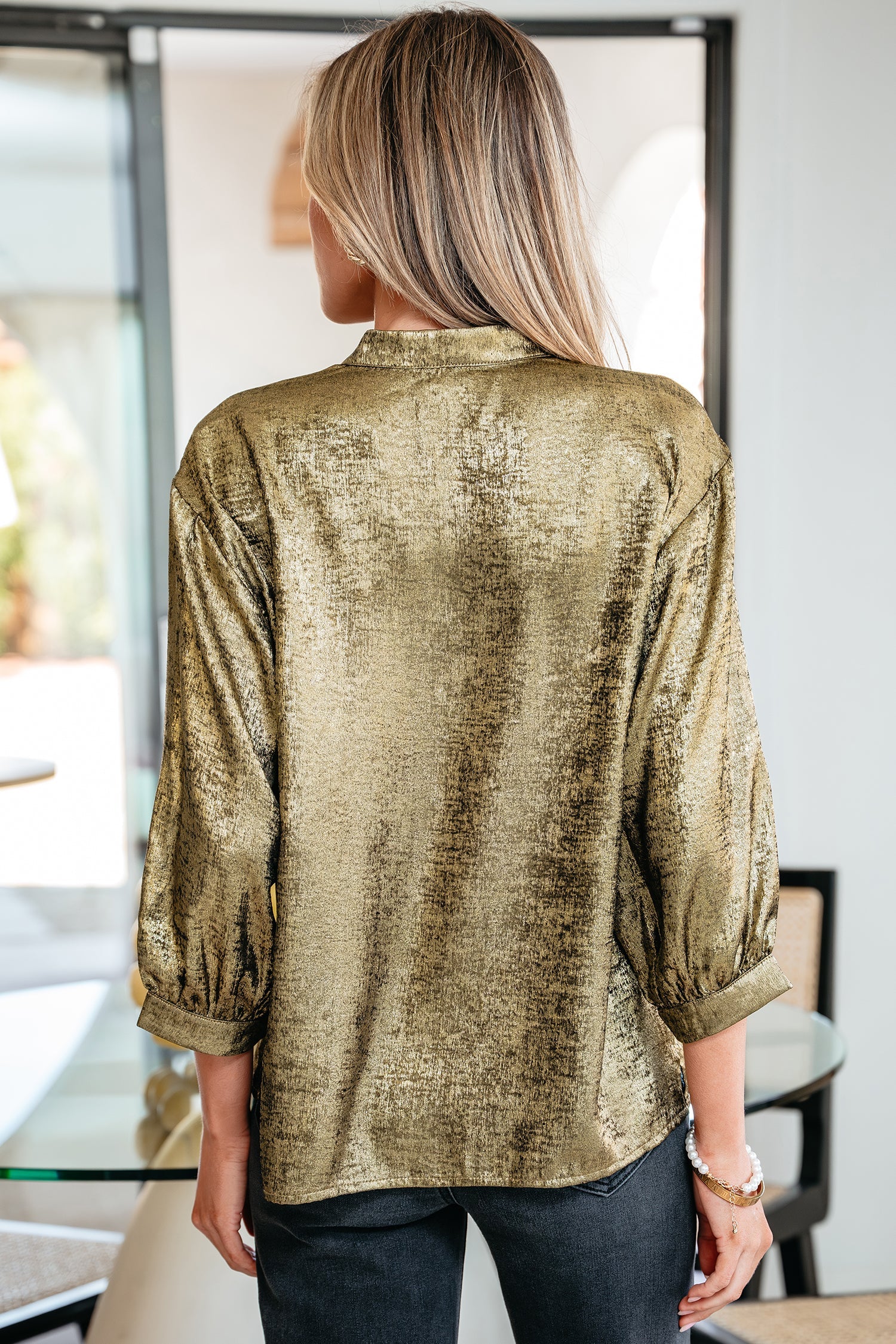 Metallic Half Split Neck Sleeve Blouse