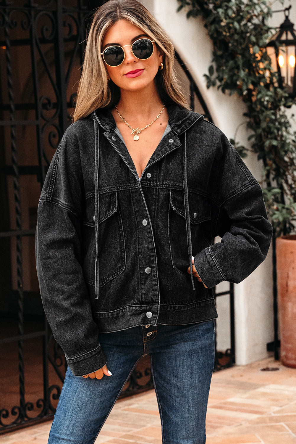 Big Chest Pocket Drop-Shoulder Hooded Denim Jacket