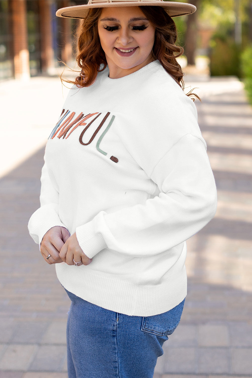 Plus Size Thankful Ivory Embroidered Sweater