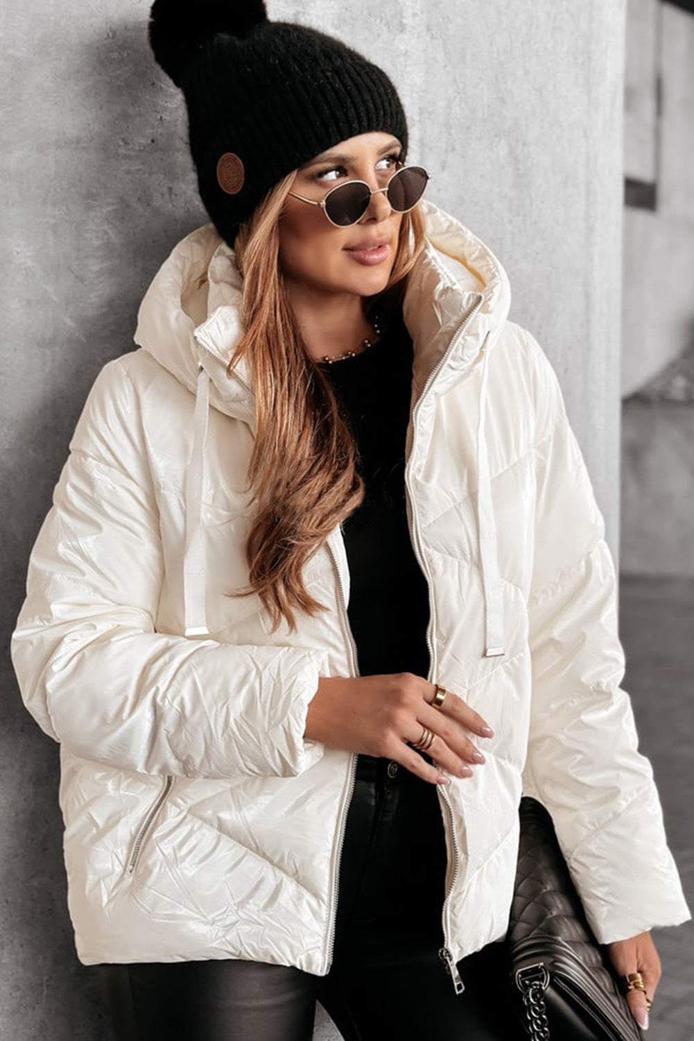 Solid Zip-Front Quilted Hooded Puffer Coat in White