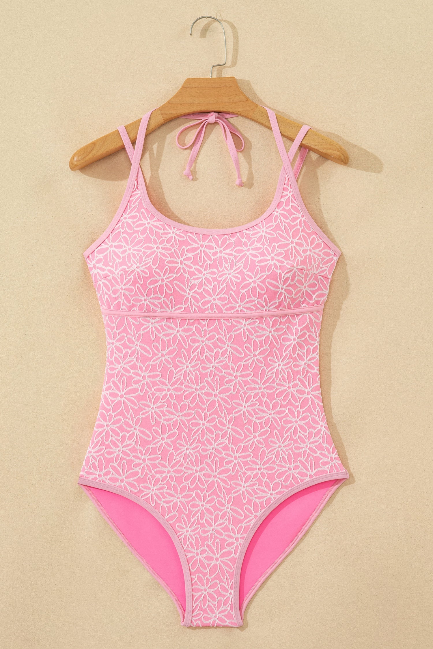Flower Texture Corded Texture Spaghetti Straps Halterneck One Piece Swimsuit in Pink