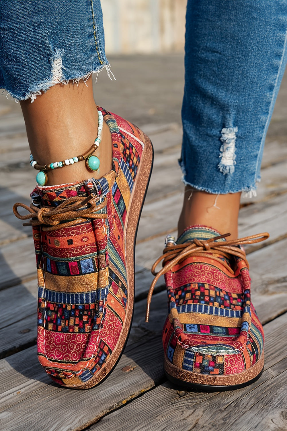 Print Faux Western Faux Suede Lace-up Decor Slip On Shoes