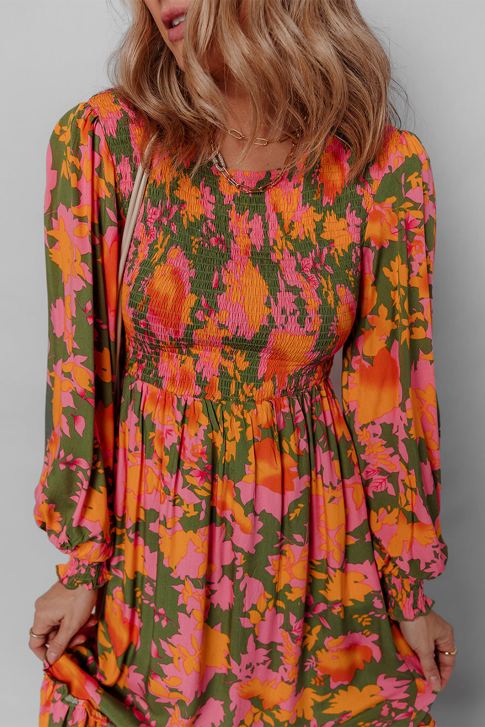 Sleeve Floral Puff Smocked Bodice Ruffled Long Dress