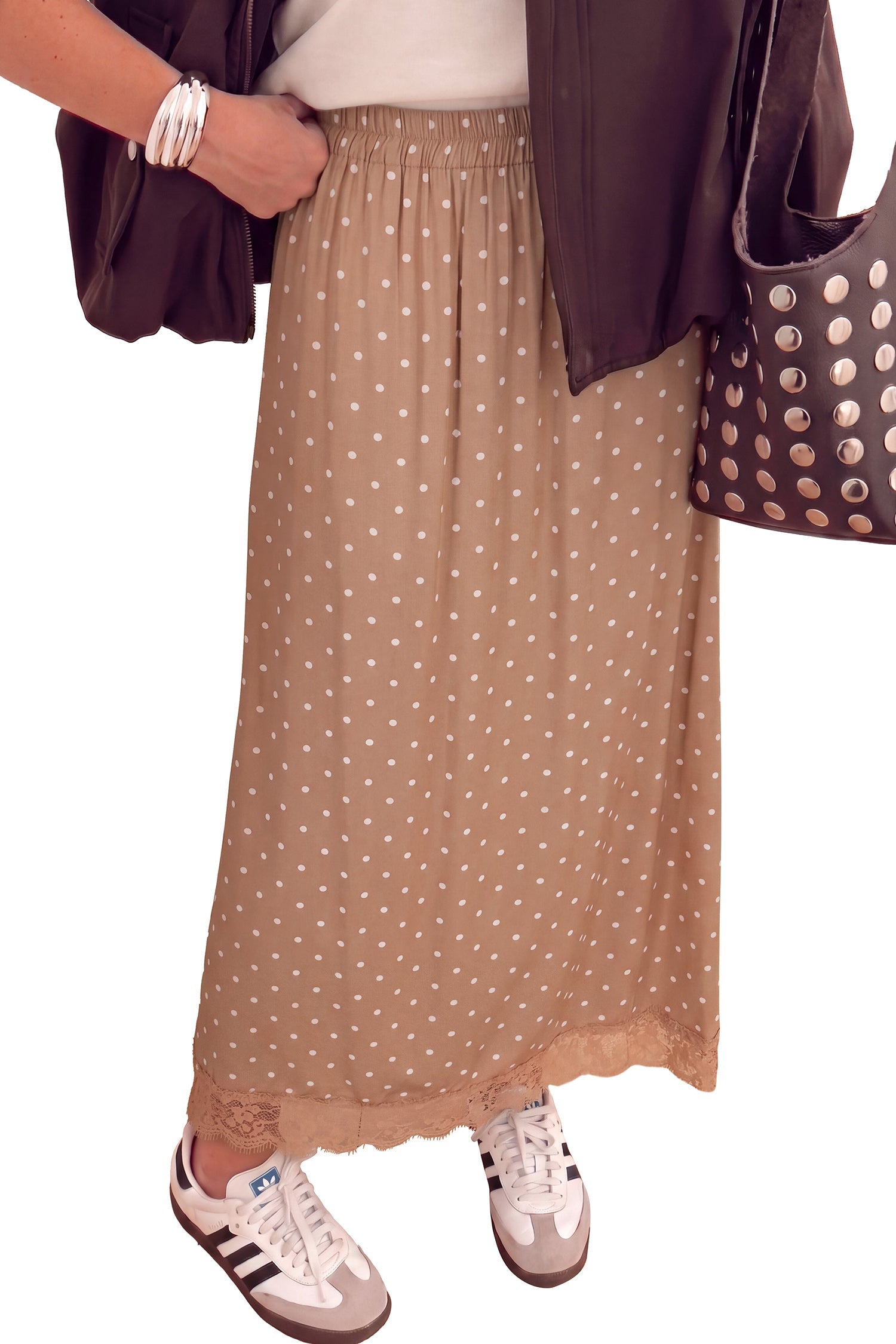 Polka-Dot Lace Hem Refined Long Shift Skirt in Khaki