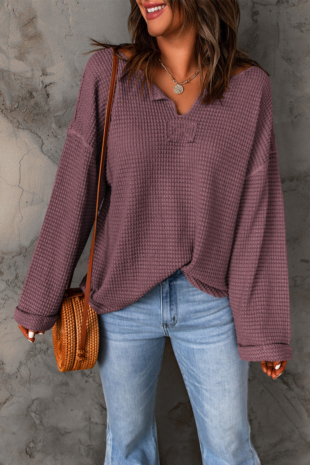 Top for Women Loose Long-Sleeve Knitted