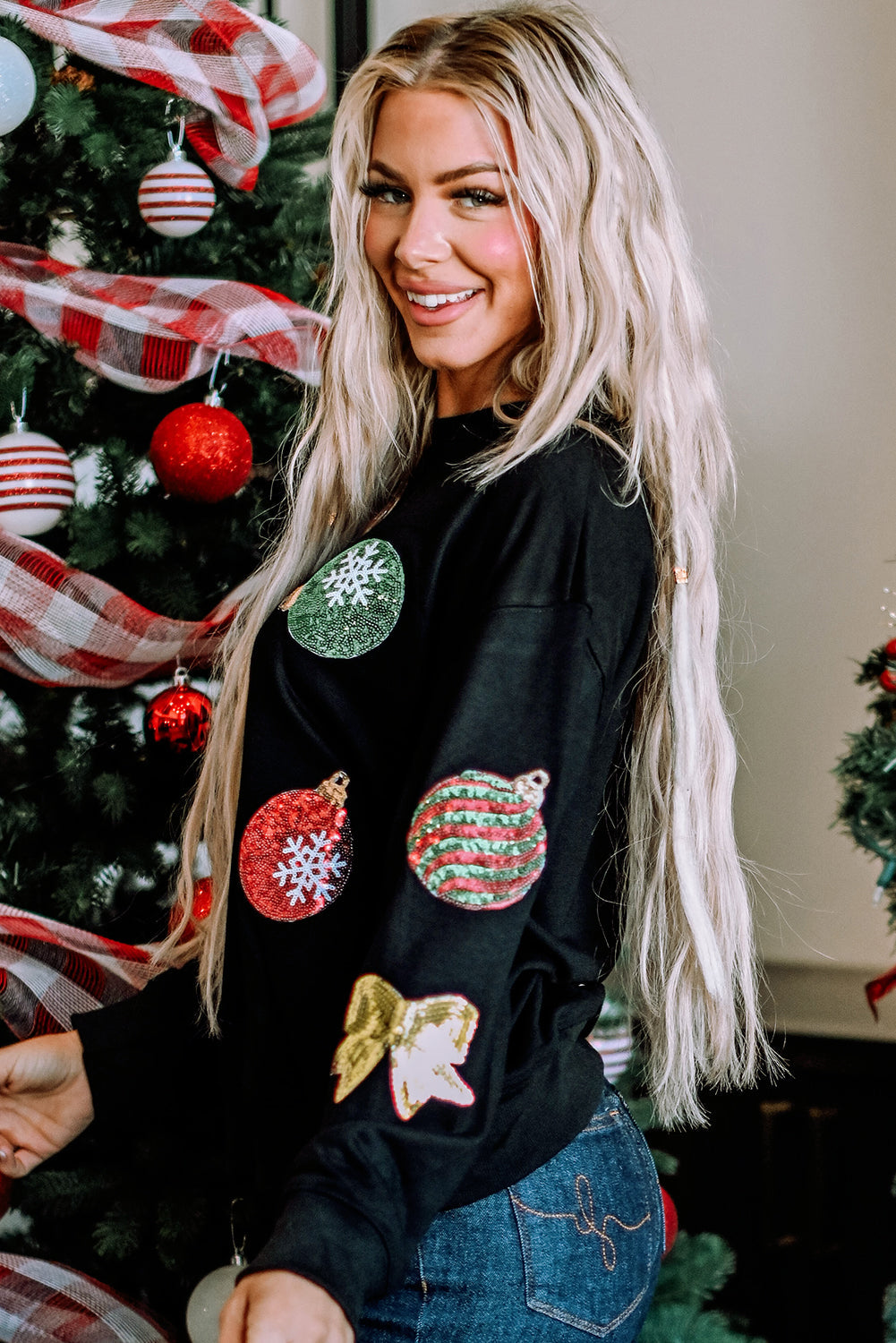 Women's Pullover Sweatshirt Featuring Sequined Christmas Graphic-Print