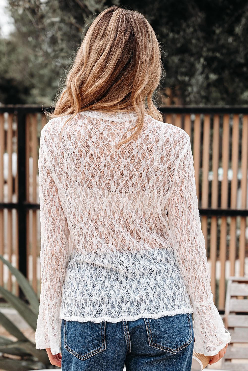 Bell Sheer Lace Sleeve Mock-Neck Blouse