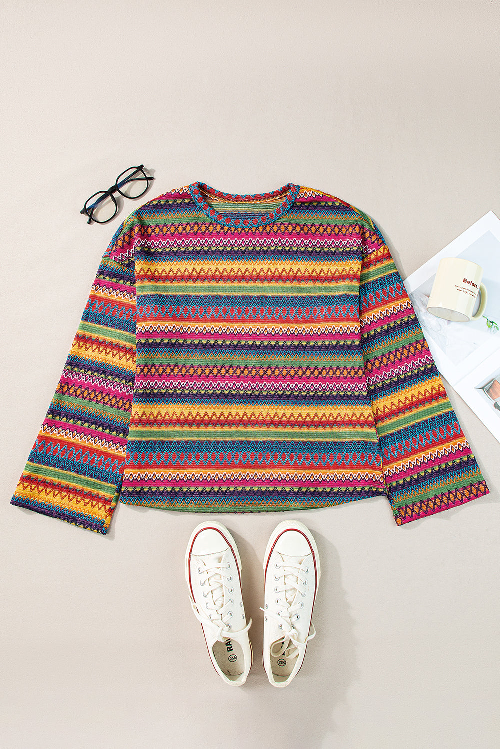 Jacquard Geo Long-Sleeved T Shirt in Multicolor