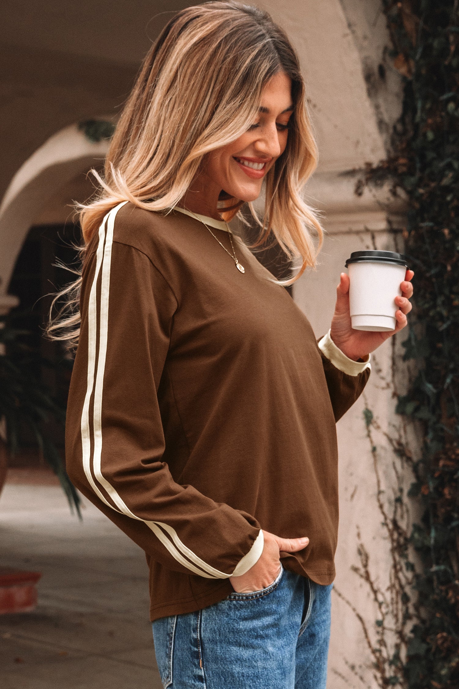 Varsity Contrast Striped Accent Crew-Neck Long-Sleeved T Shirt