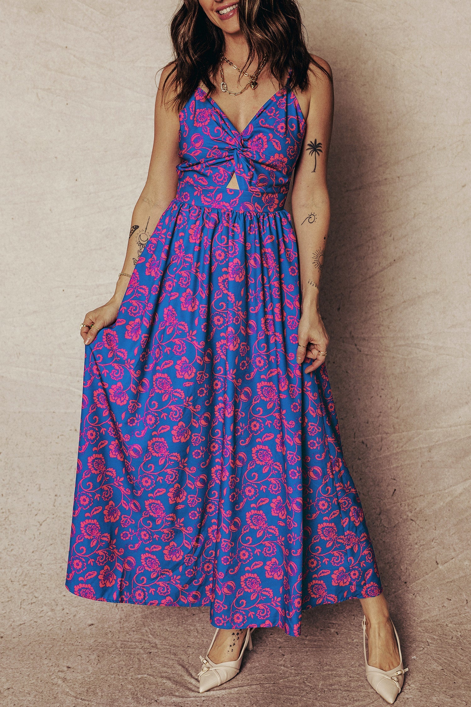 Twisted V-Neck Floral-Print V-Neck Tied Backless Maxi Dress in Blue