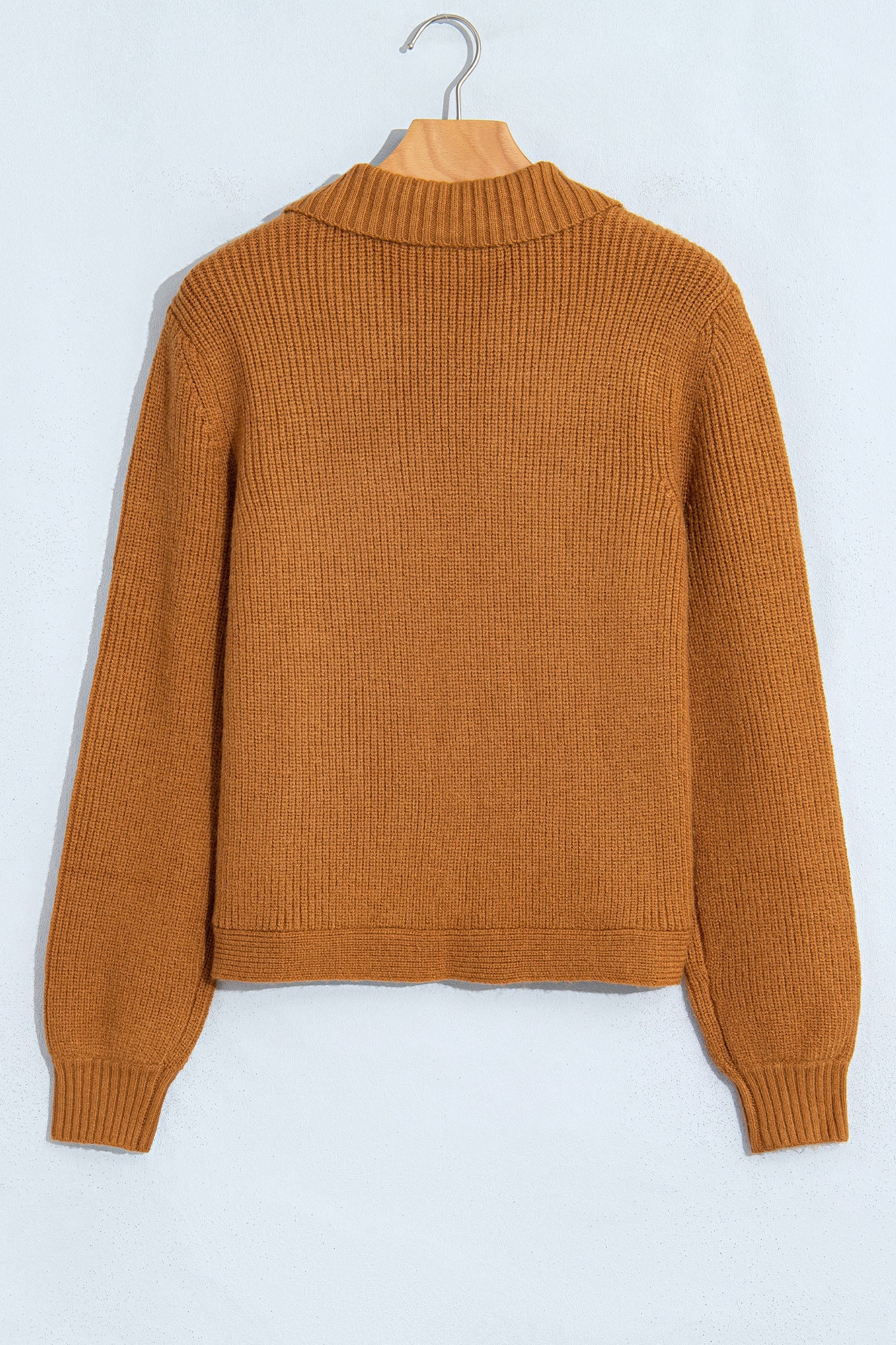 Mustard Collar Rib-Knit Knit Button Front Long-Sleeved Cardigan