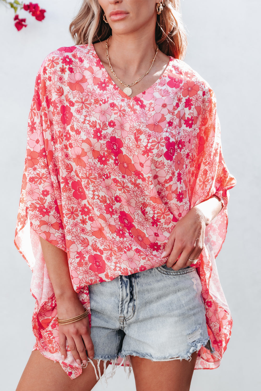 Blouse for Women V Neck Kimono Style Bohemian Floral-Print