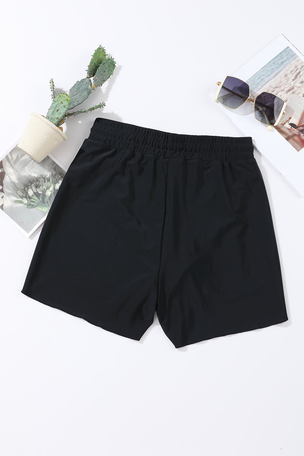Solid 2-in-1 Drawcord Elastic Waist Swim Shorts in Black