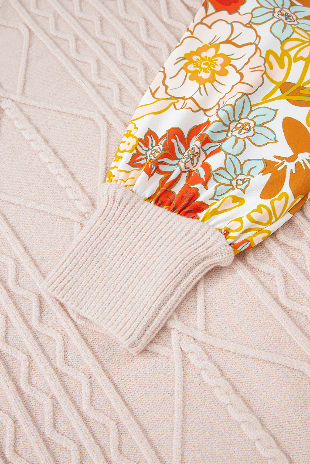 Ruffle Cable Knit Detail Contrast Floral Sleeve Patchwork Knit Top
